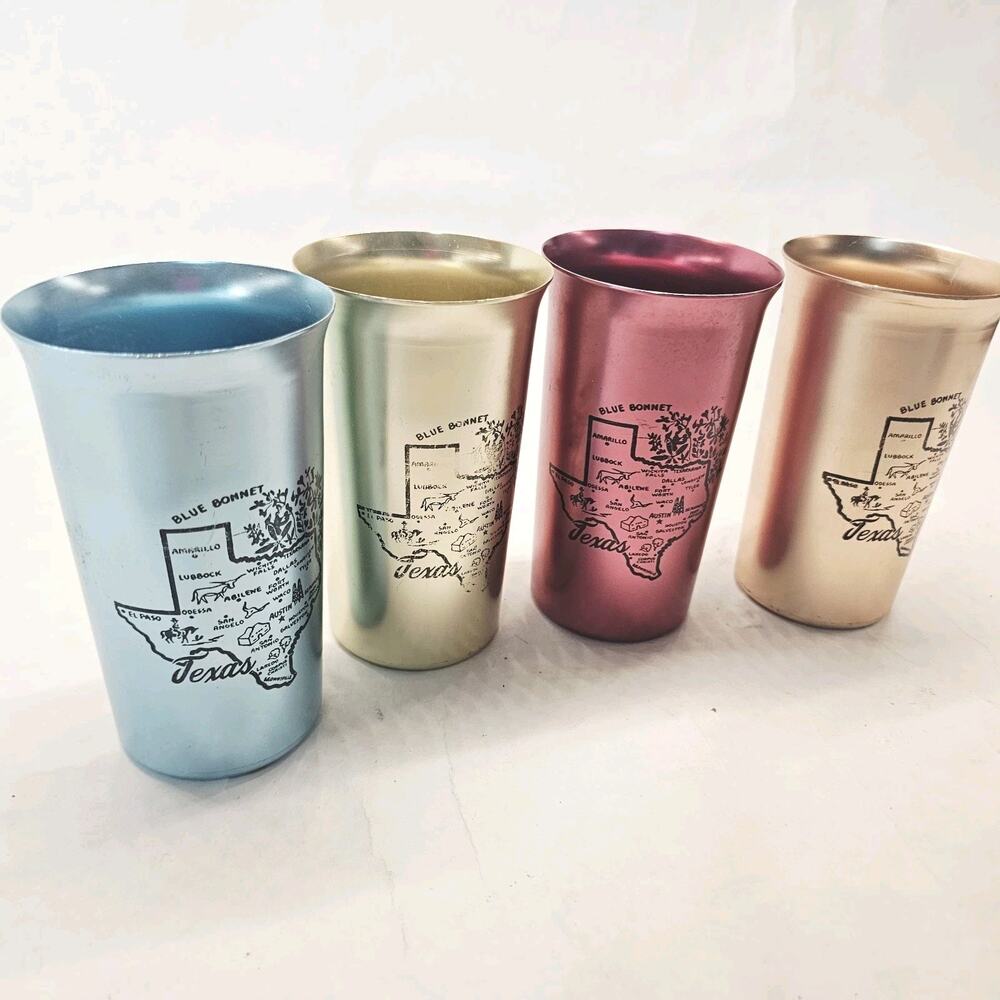 4 Vintage TEXAS Map Aluminum Tumbler Cups Glasses Multi-Colored & Retro Rare!!!